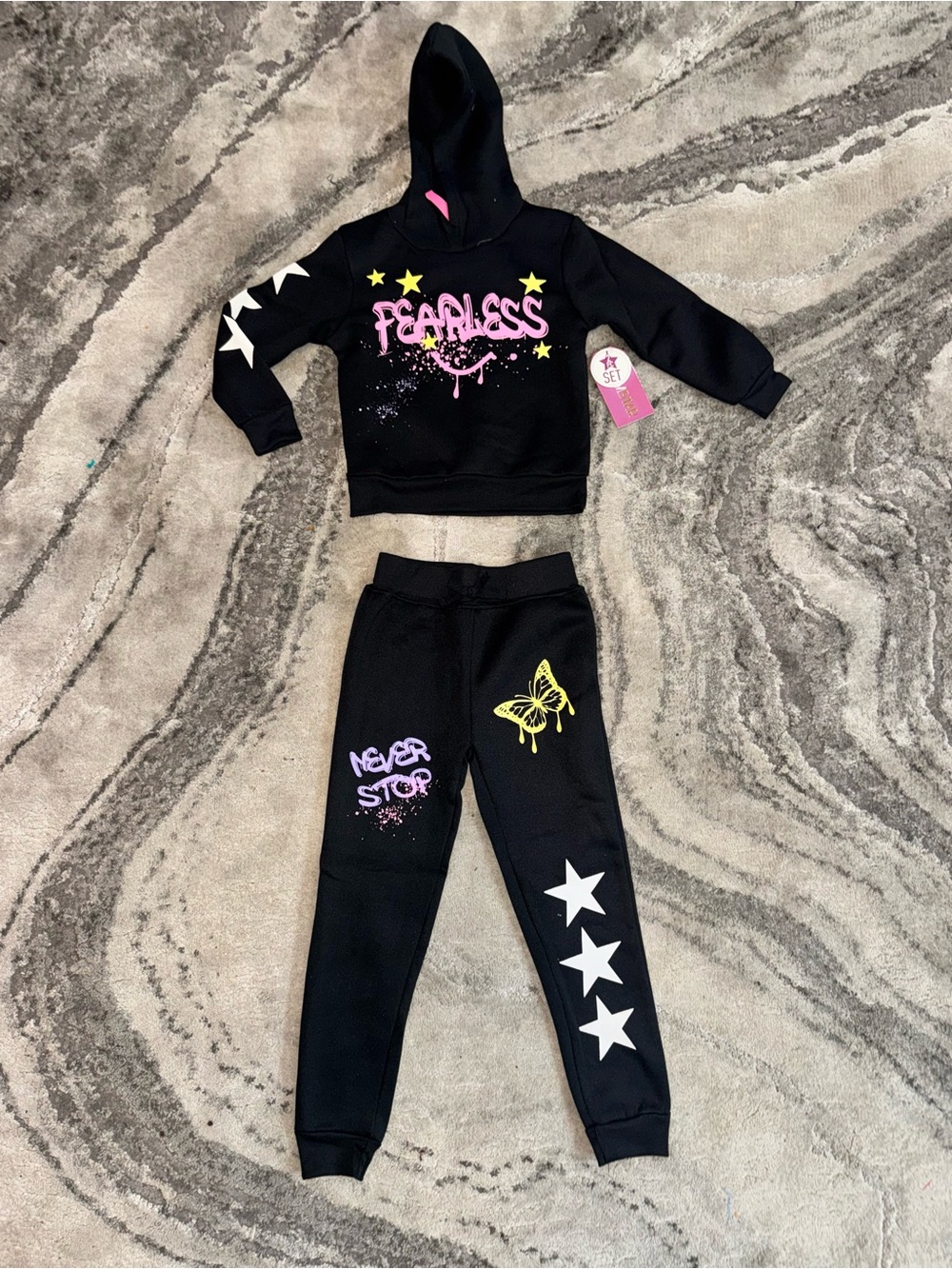Black 'Fearless' Hoodie & Jogger Set with Neon Graphics
